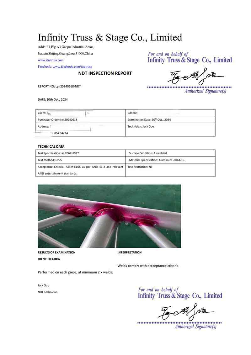 NDT report for stage truss lighting